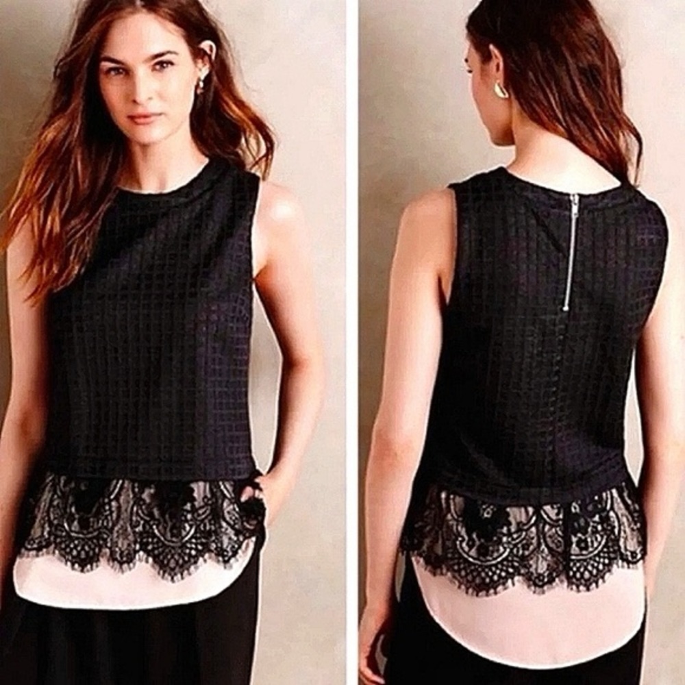 Anthro Waffle Tank with Layered Lace size L